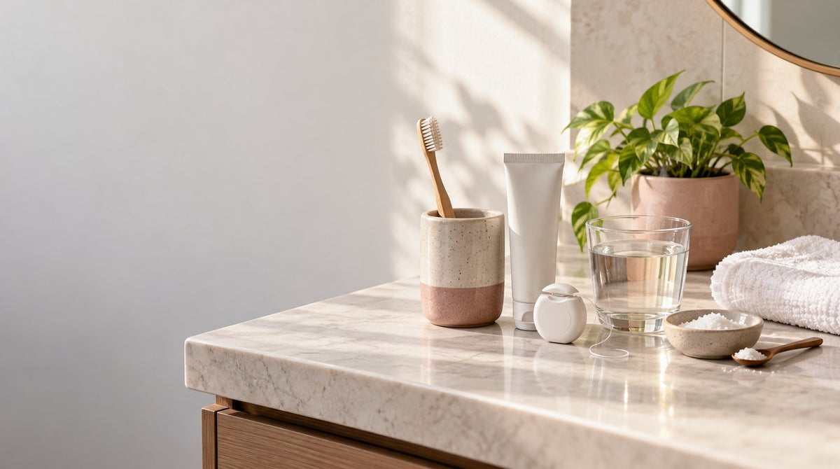 A soft toothbrush in a ceramic cup, a plain toothpaste tube, dental floss, a glass of warm water with a small dish of salt and a folded towel on a sunlit bathroom counter