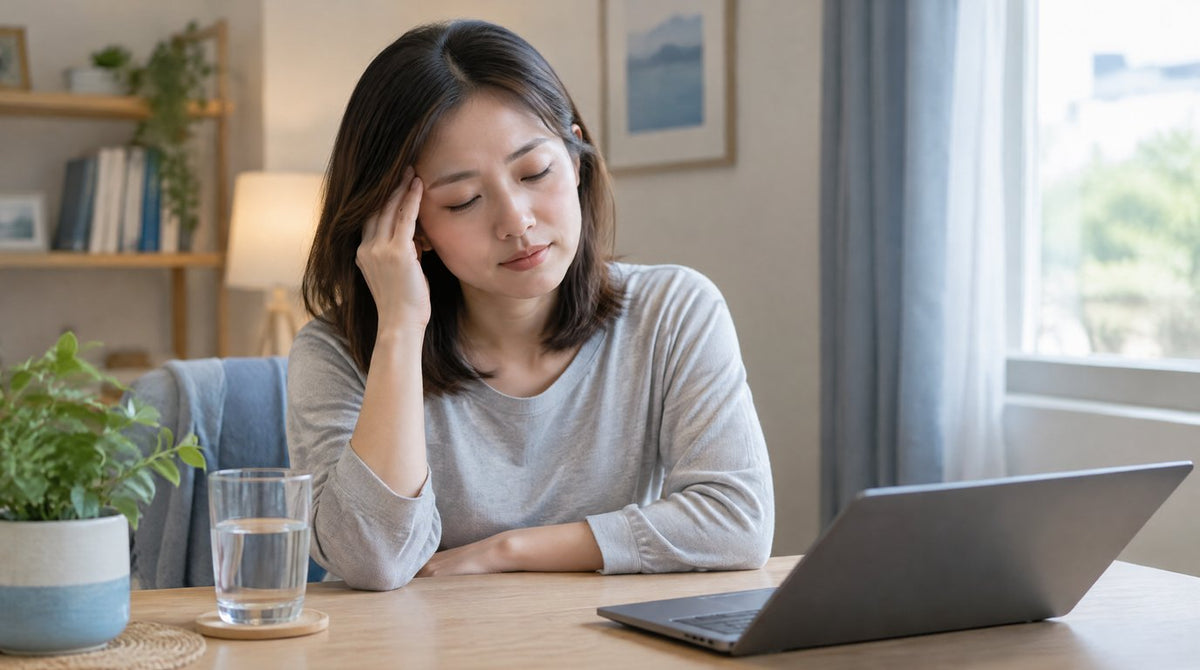 A woman resting at her desk with her fingertips on her temple