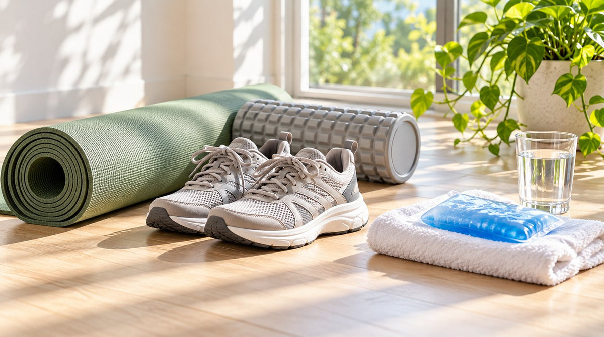 A rolled green yoga mat, a foam roller, cushioned walking shoes, a blue ice pack on a white towel and a glass of water on a sunny wooden floor