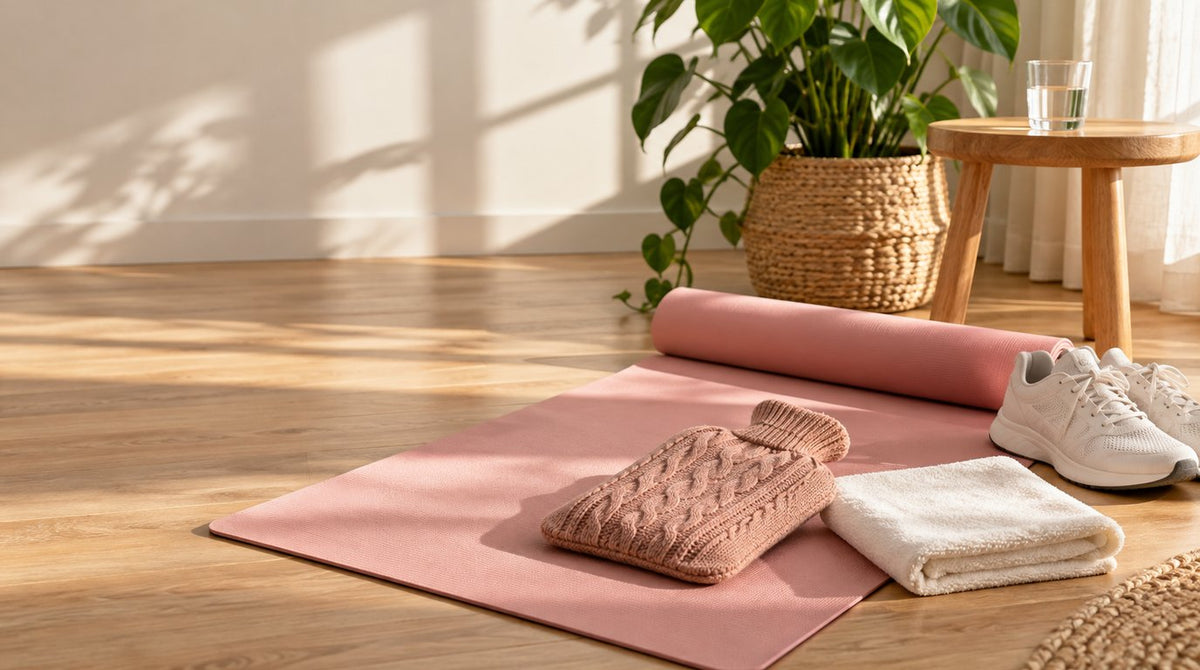 A pink yoga mat on a sunlit wooden floor with a hot water bottle in a knitted cover, a folded towel, white sneakers, a potted plant and a glass of water on a stool