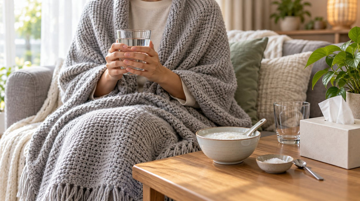 Person wrapped in a grey knitted throw holding a glass of water on a sofa, beside a bowl of rice porridge, a dish of salt and tissues