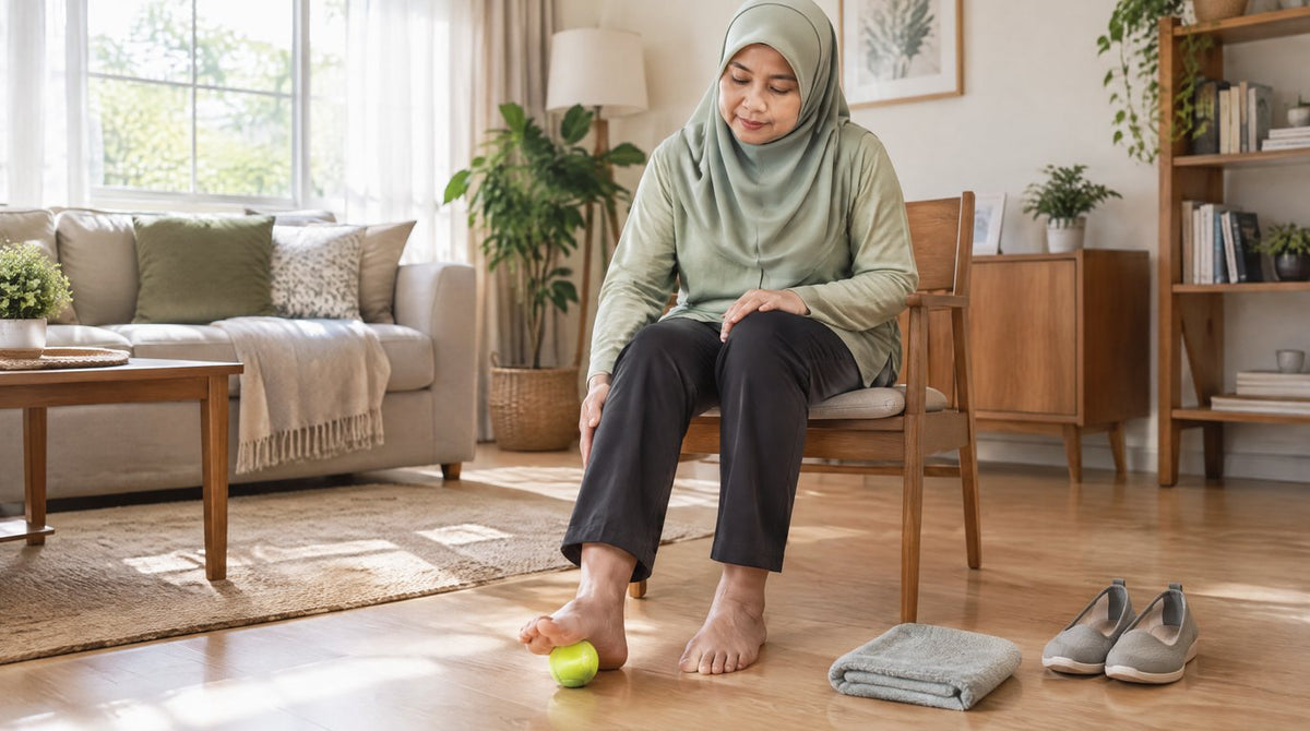 A woman in a green hijab sitting on a chair at home, rolling the sole of her bare foot over a tennis ball to ease heel pain