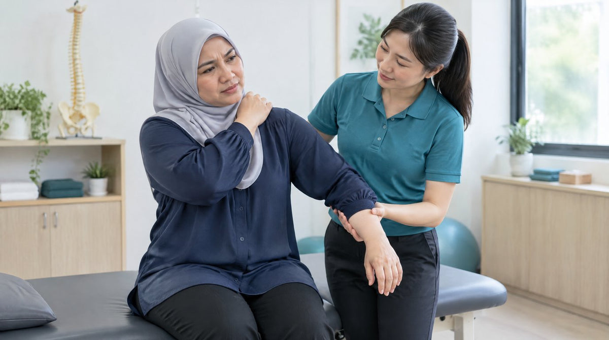 A woman in a hijab holding her neck and shoulder while a female physiotherapist checks her arm strength in a clinic