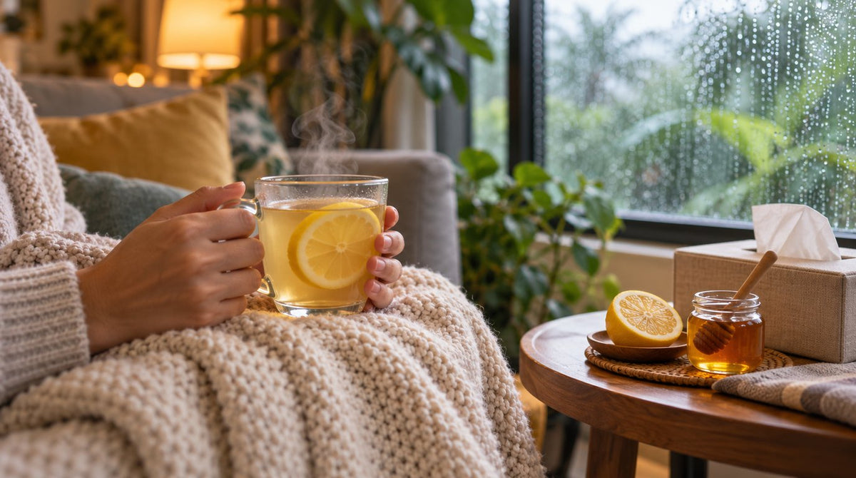 Hands holding a steaming glass mug of hot lemon and honey on a knitted blanket beside a halved lemon, a honey jar and tissues by a rainy window