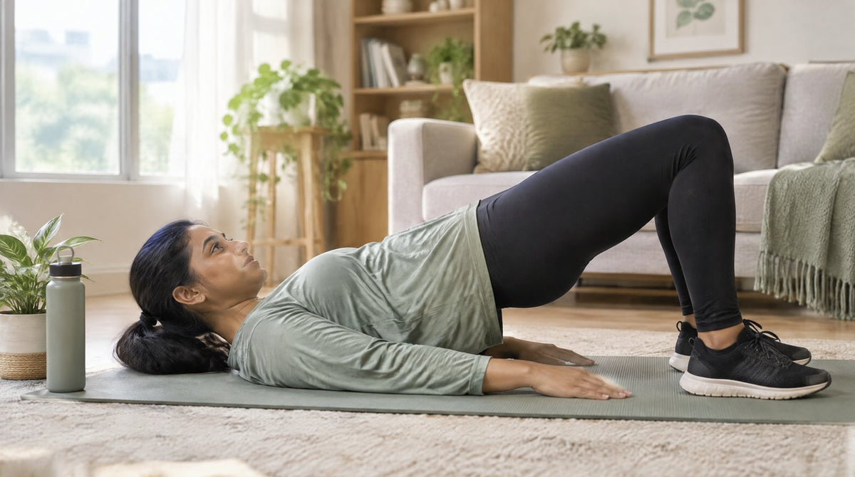A woman doing a glute bridge exercise on a yoga mat at home