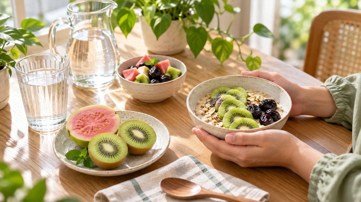 Breakfast table with oats topped with kiwifruit and prunes, halved kiwifruit and guava, and glasses of water