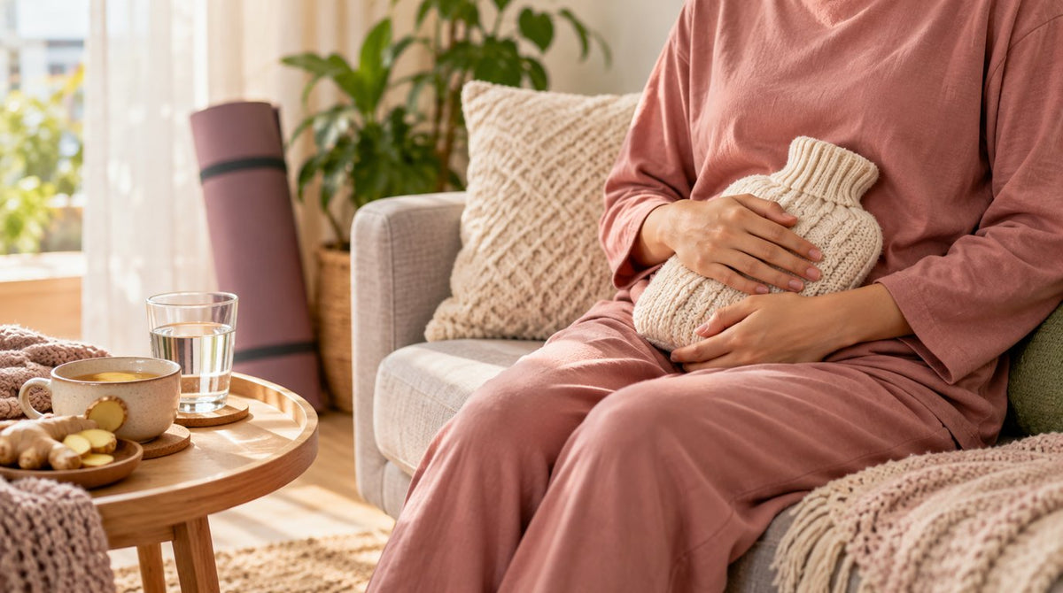 A woman resting on a sofa holding a knitted hot water bottle against her lower belly, with a cup of warm tea on a side table