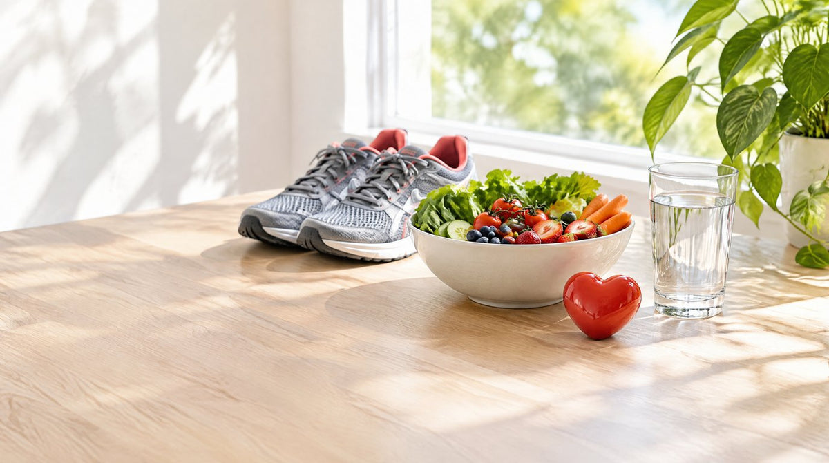Running shoes, a bowl of fresh vegetables and fruit, a red heart ornament and a glass of water on a sunlit wooden table