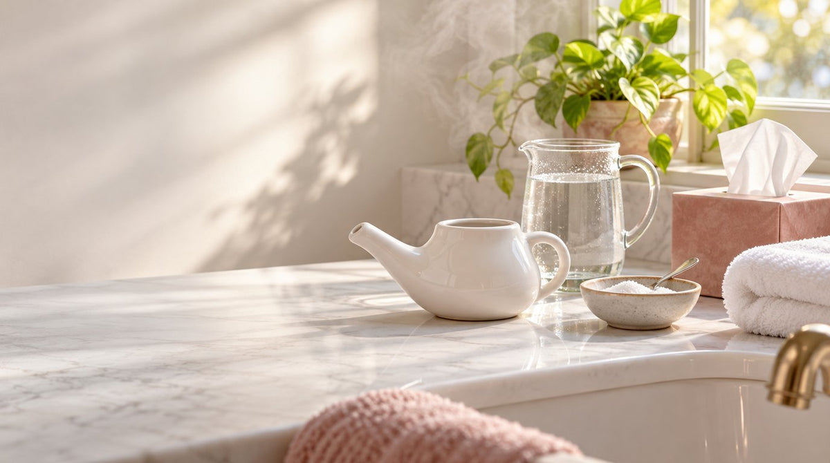 A white ceramic nasal rinse pot, a jug of cooled boiled water, a small dish of salt with a spoon, a box of tissues and a folded towel on a sunlit bathroom counter
