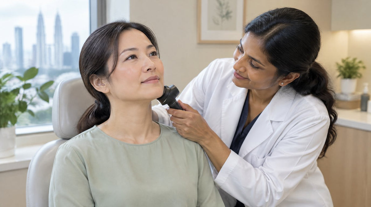 A doctor gently examining the neck of a woman in a clinic