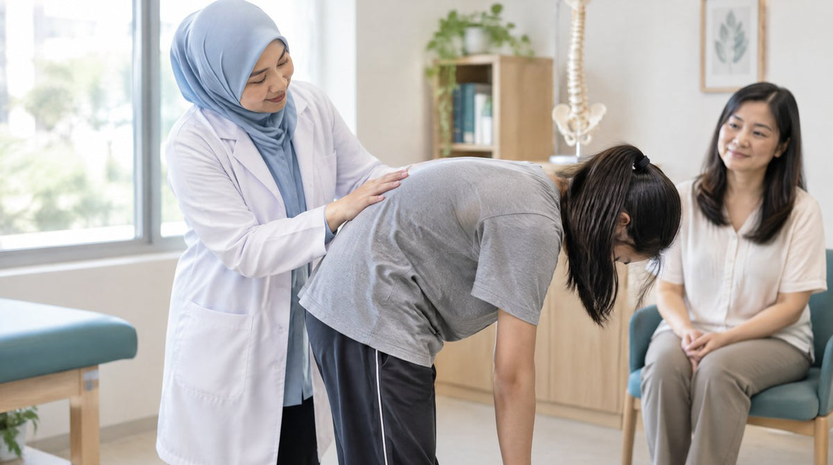 A female doctor in a clinic watching a teenage girl in a loose T-shirt bend forward for a scoliosis spine check, with her mother sitting nearby