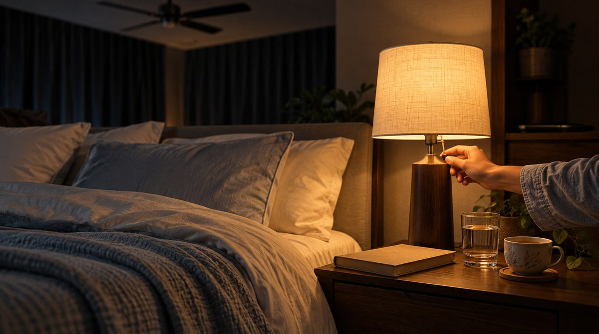 A hand switching off a warm bedside lamp beside a book, a glass of water and a cup of herbal tea in a calm bedroom at night
