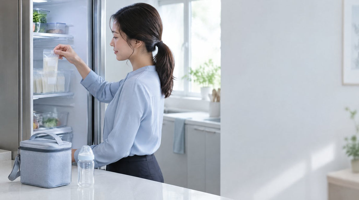 A working mother placing a bag of expressed breast milk at the back of the fridge with a cooler bag nearby