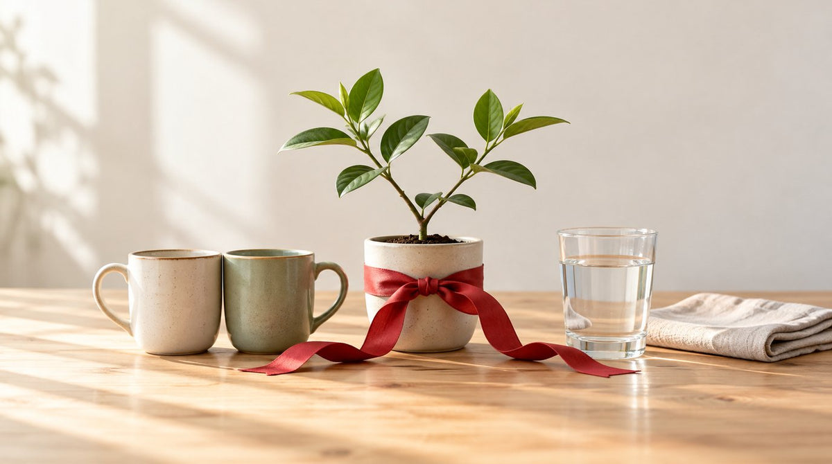 Two ceramic mugs side by side, a small potted plant with two branches tied with a red ribbon, a glass of water and a folded napkin on a sunlit wooden table