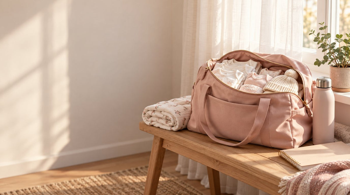 A pink hospital bag packed with tiny white baby clothes and a knitted baby hat, a folded swaddle blanket, a water bottle and a notebook on a wooden bench by a sunny window