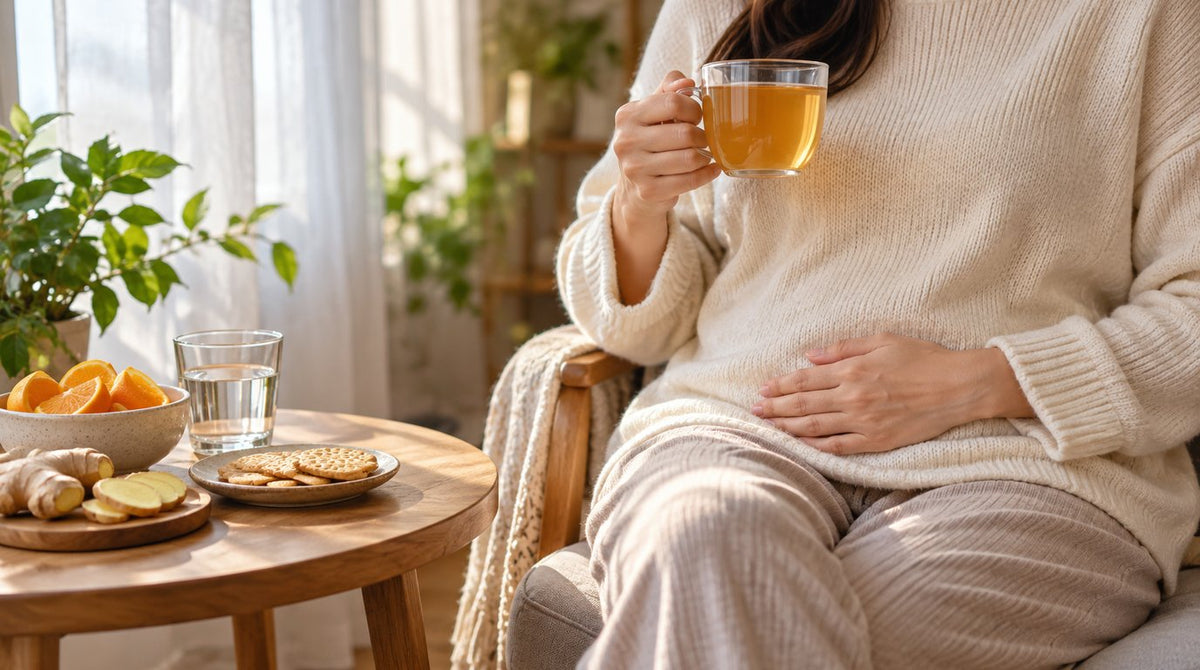 Woman in a cream knit top resting by a window with a cup of ginger tea and a hand on her lower belly, with crackers, ginger and oranges on a side table