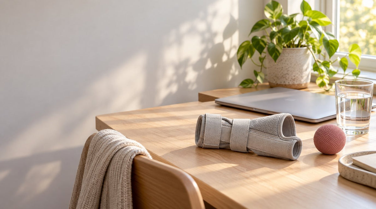 A grey fabric wrist splint and a pink stress ball on a sunlit wooden desk beside a closed laptop, a glass of water and a potted plant
