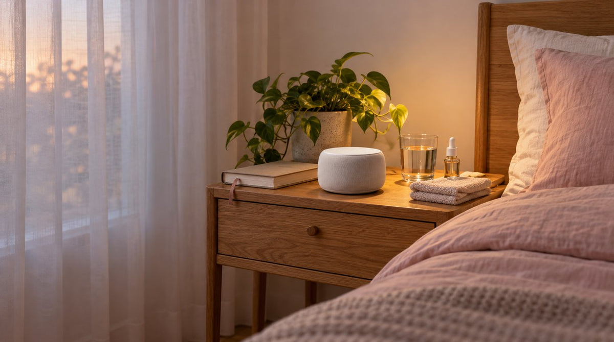 A softly lit bedside table with a white sound machine, a book, a glass of water, a small dropper bottle and a folded towel beside a bed with pink linen at dusk