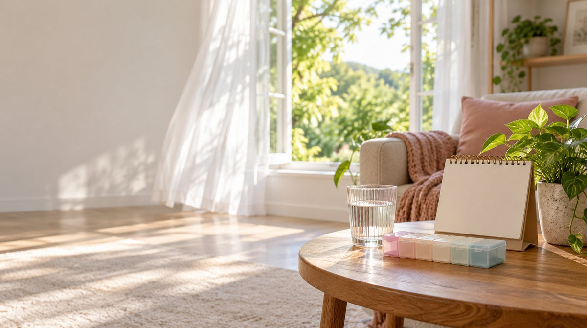 A bright living room with a wide open window and white curtains, a glass of water, a pastel weekly pill organiser and a blank desk calendar on a round wooden table