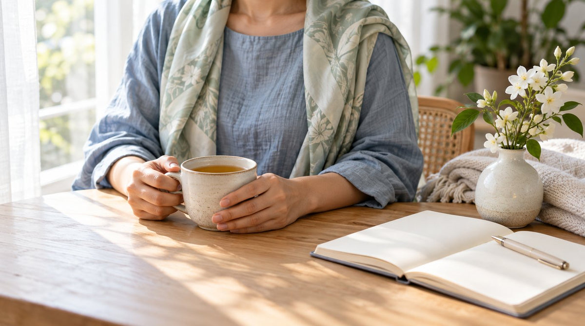 Woman in a dusty-blue blouse and sage scarf holding a cup of tea at a sunlit wooden table beside white flowers and an open notebook