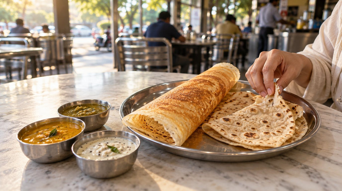 A crisp plain tosai and two capati on a steel plate with dhal, green gram gravy and coconut chutney at a Malaysian mamak restaurant
