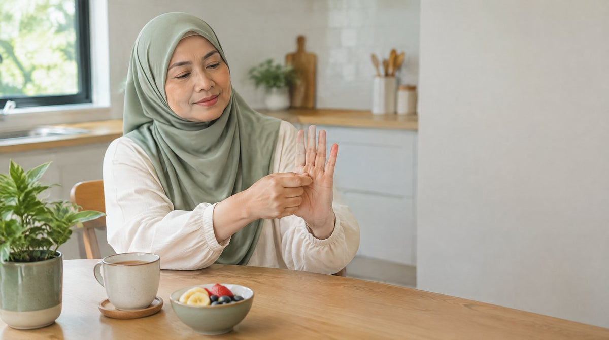 A woman gently stretching her fingers at a kitchen table