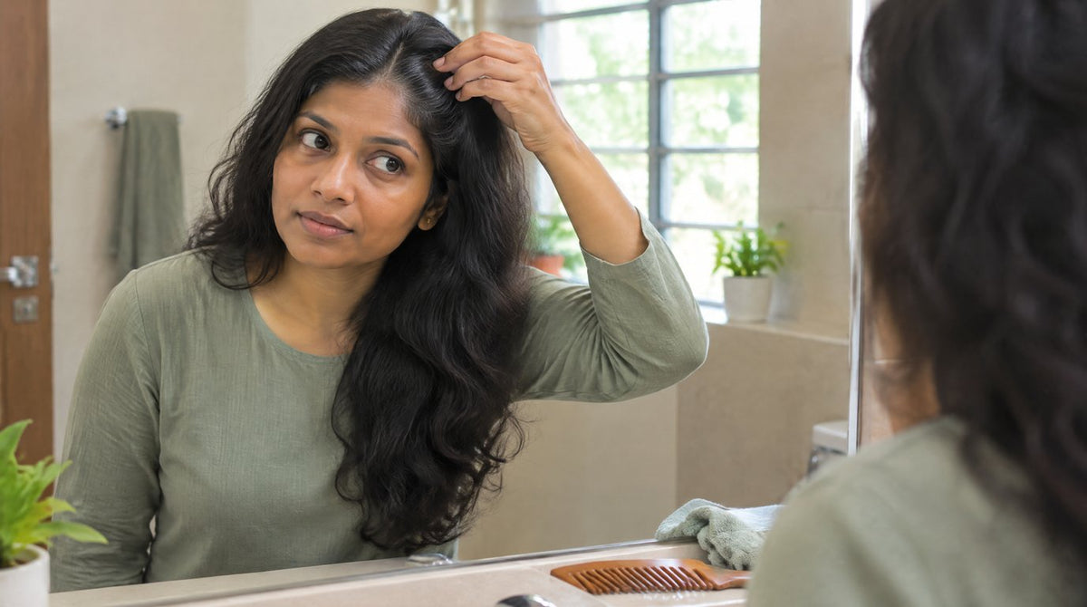 A woman looking in a bathroom mirror and parting her hair at the hairline to check for grey hair