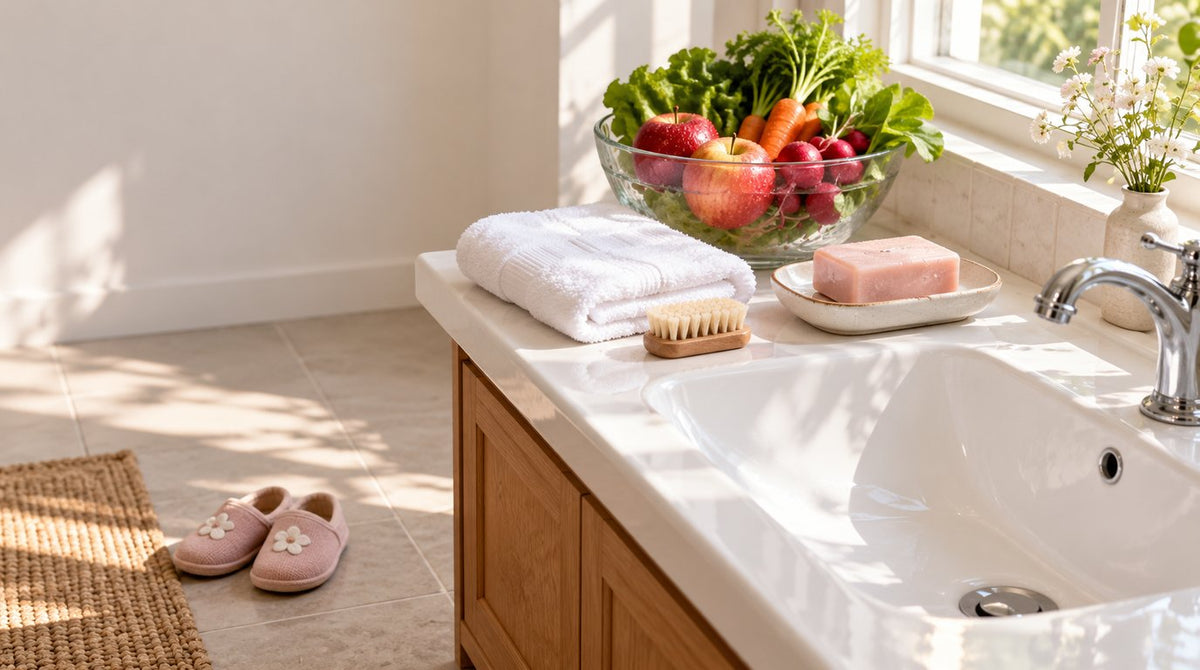 A white bathroom sink with a bar of soap, a nail brush and a folded hand towel, a glass bowl of washed fruit and vegetables, and small pink slippers on the floor in morning light