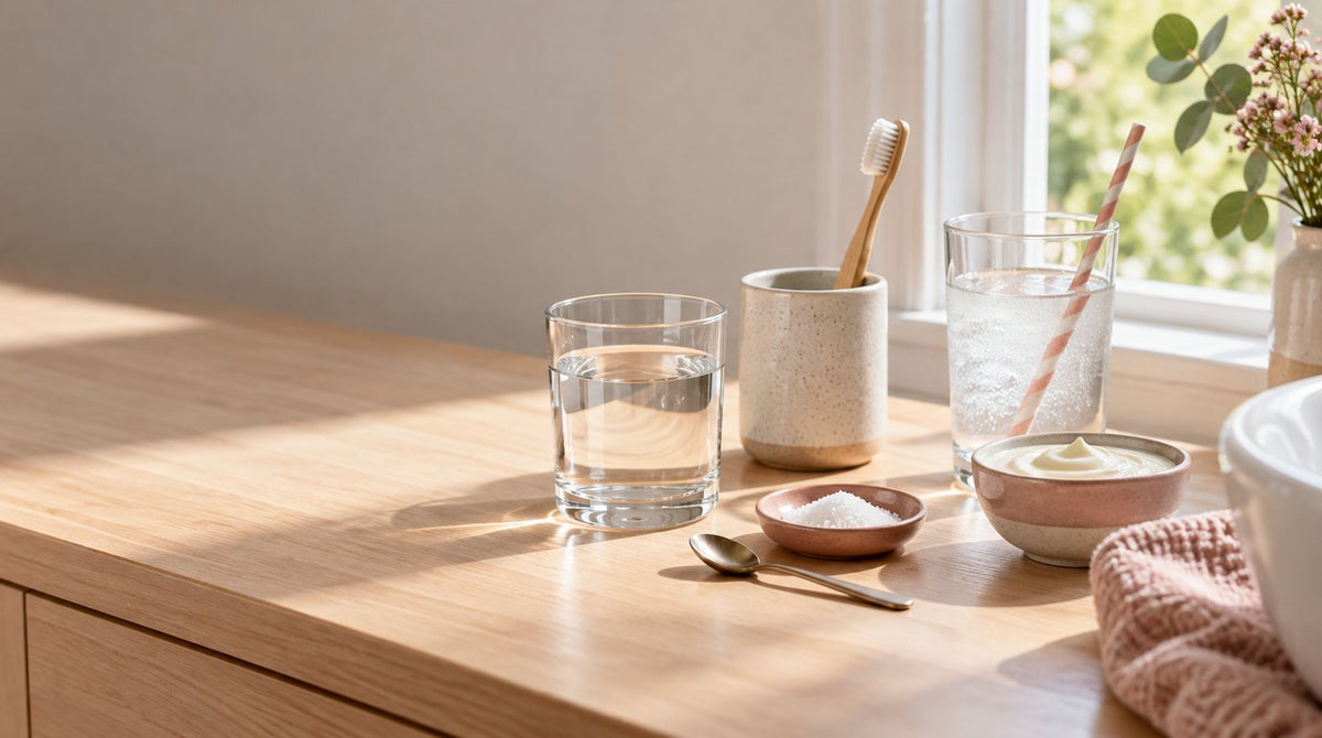 A glass of water with a small dish of salt and a spoon, a soft-bristled toothbrush in a ceramic cup, a glass of cool water with a paper straw and a bowl of yoghurt on a sunlit wooden counter