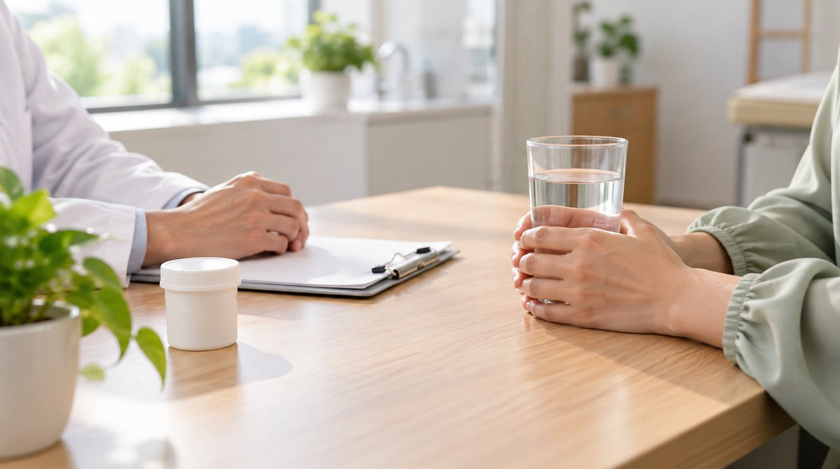A woman holding a glass of water during a consultation with a doctor at a clinic desk