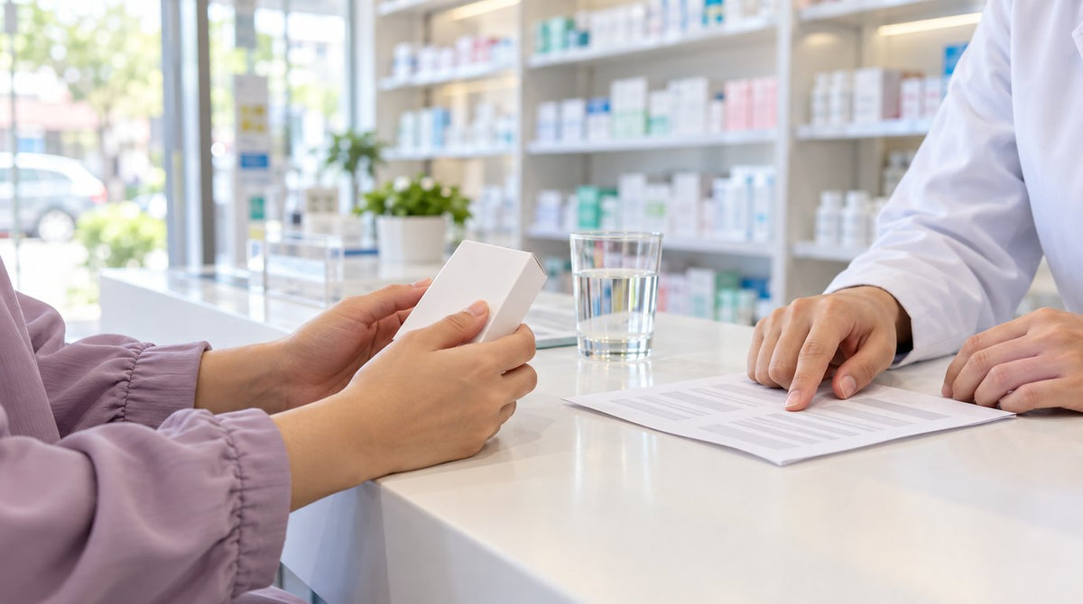 A woman holding a medicine box while a pharmacist explains a leaflet at a pharmacy counter
