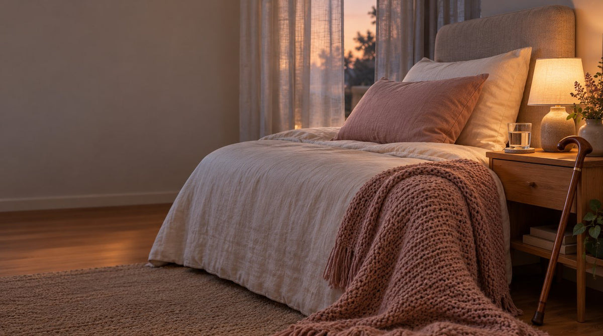 A softly lit bedroom at dusk with a neatly made bed, two raised pillows, a pink knitted throw, a glass of water and a low lamp on the nightstand, and a wooden walking stick