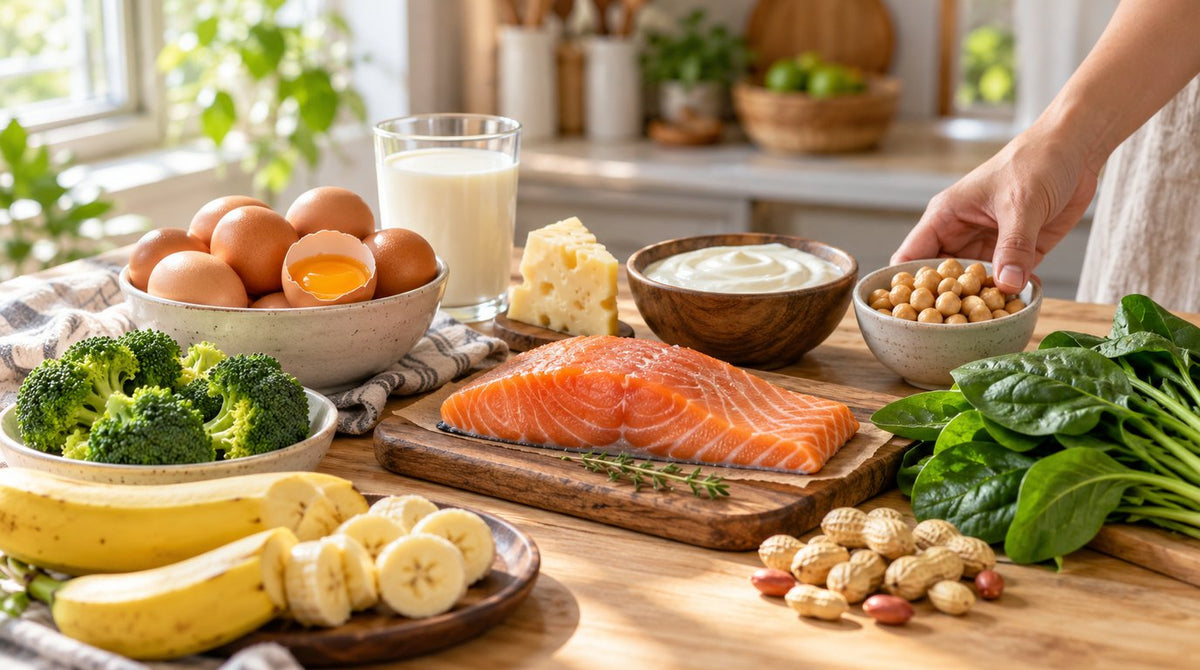 Vitamin B-rich foods on a wooden table: salmon fillet, eggs, milk, cheese, yoghurt, chickpeas, peanuts, banana, broccoli and spinach