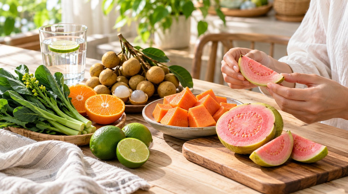 Fresh vitamin C-rich Malaysian produce including guava, papaya, longan, limes, mandarin oranges and kai-lan on a wooden table
