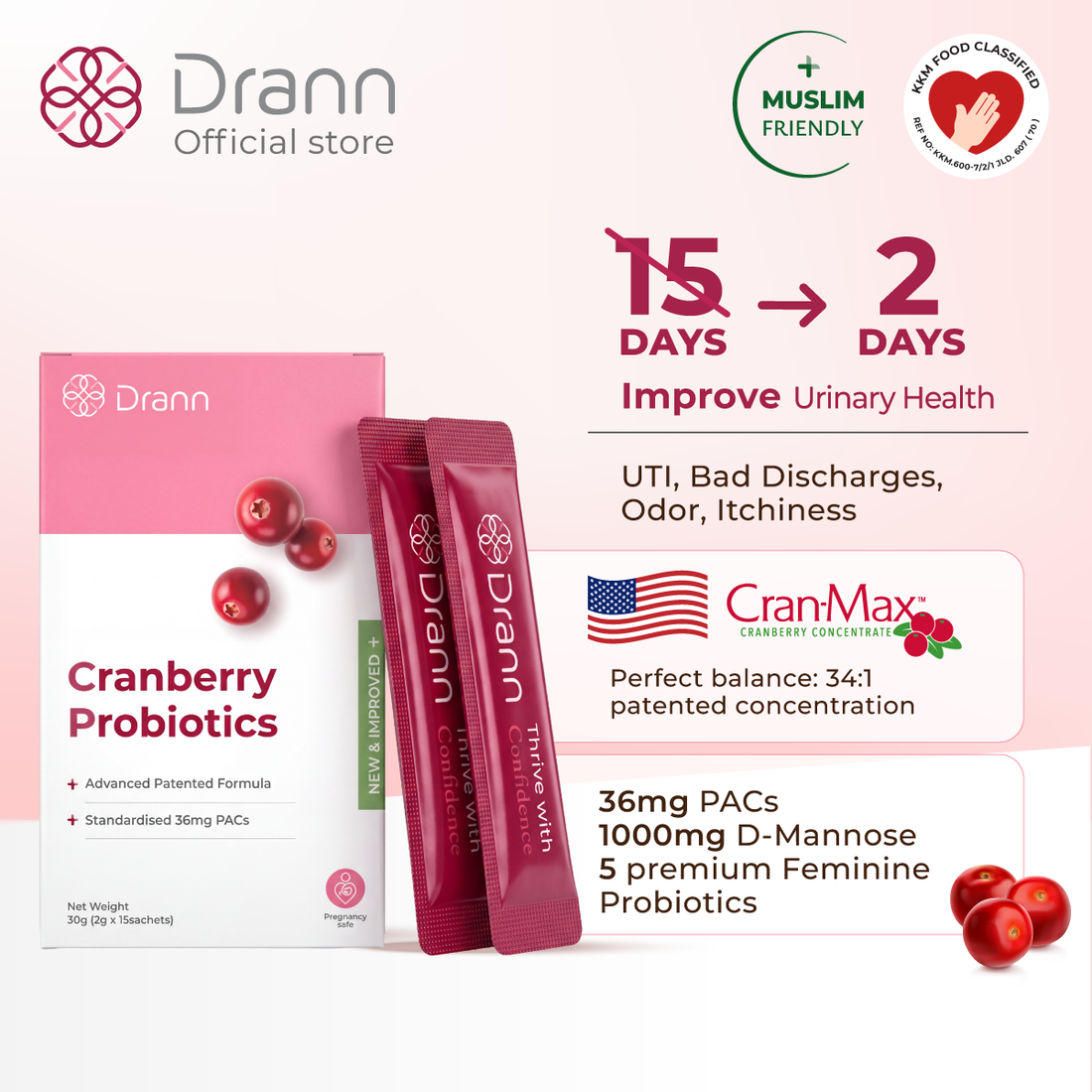 Dr Ann Cran-Max Probiotics NEW Formula | 36mg PACs + 1000mg D-Mannose + 6 Billion CFU | Urinary &amp; Feminine Health | 15 Sachets