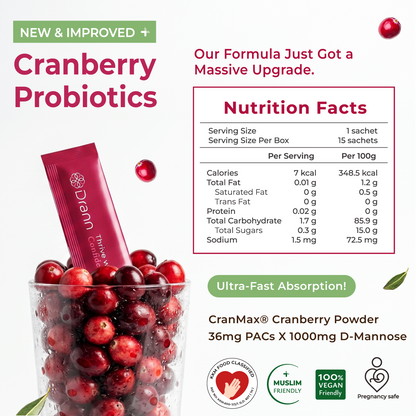 Dr Ann Cran-Max Probiotics NEW Formula | 36mg PACs + 1000mg D-Mannose + 6 Billion CFU | Urinary &amp; Feminine Health | 15 Sachets
